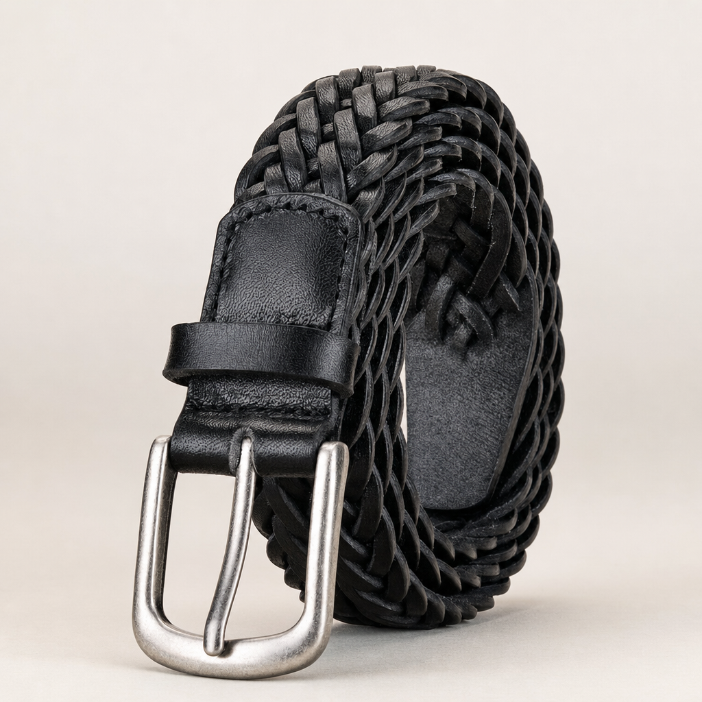 Ingram Woven Full-Grain Leather Belt in Black (Silver Buckle)