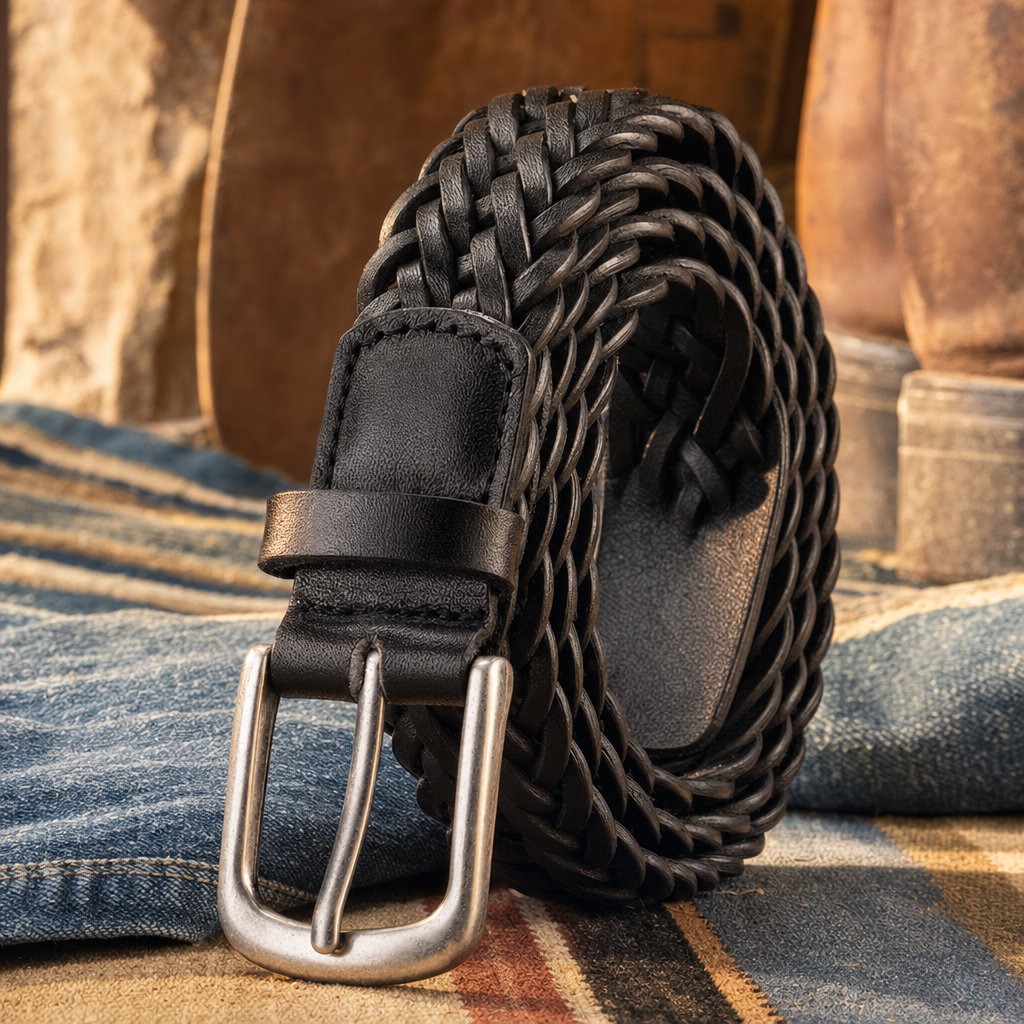 Guthrie Woven Full-Grain Leather Belt in Onyx Black