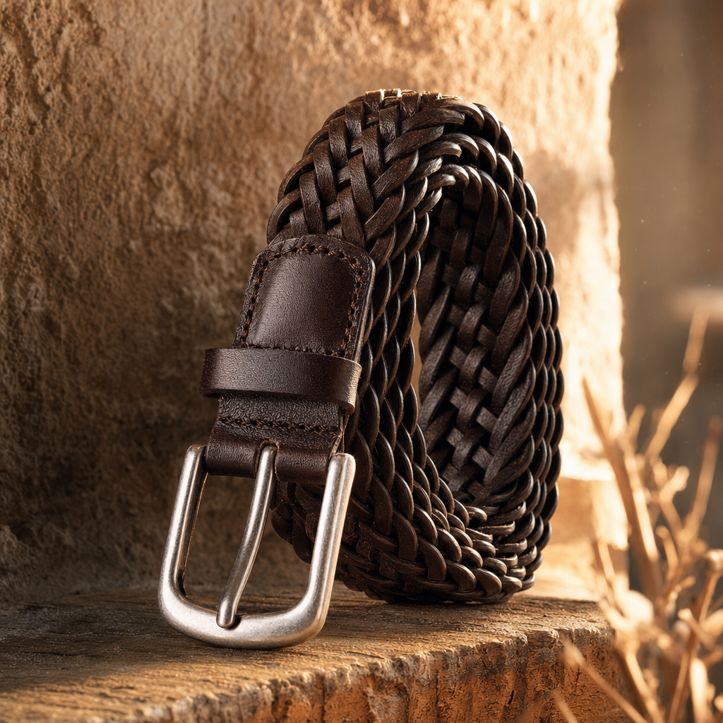 Guthrie Woven Full-Grain Leather Belt in Mahogany Brown