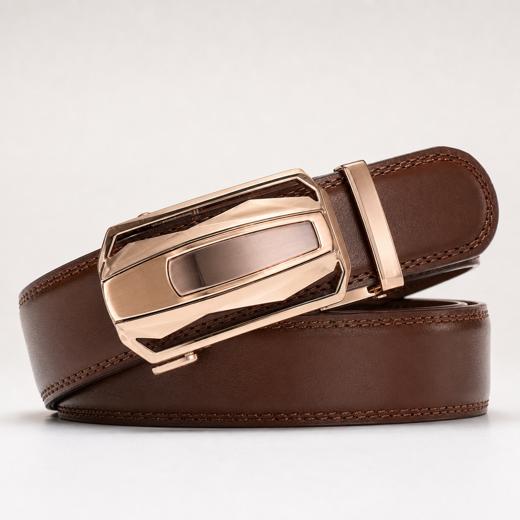 Shafter Full-Grain Leather Belt in Rose Gold Brown