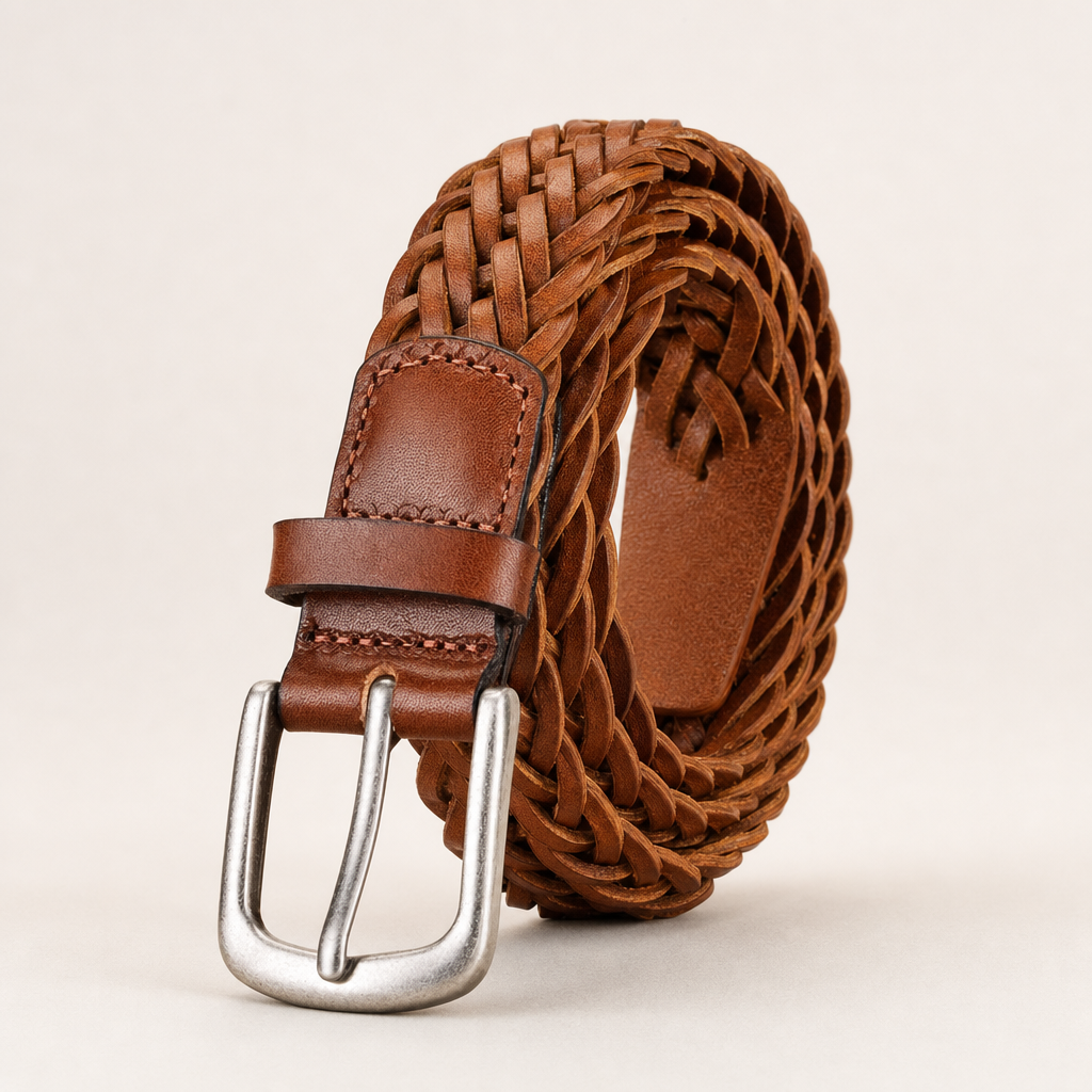 Ingram Woven Full-Grain Leather Belt in Saddle Tan