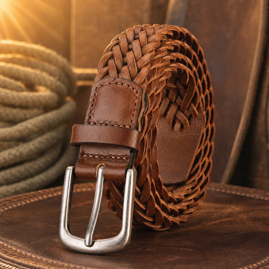 Guthrie Woven Full-Grain Leather Belt in Chestnut Brown