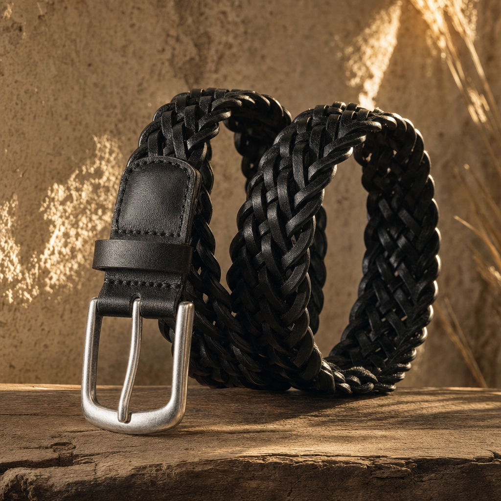 Guthrie Woven Full-Grain Leather Belt in Sable Black