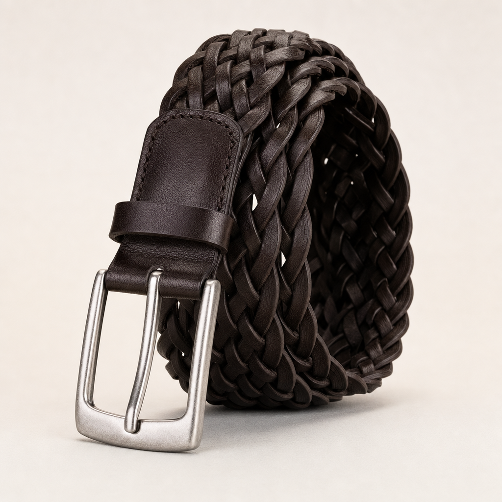 Ingram Woven Full-Grain Leather Belt in Dark Cocoa