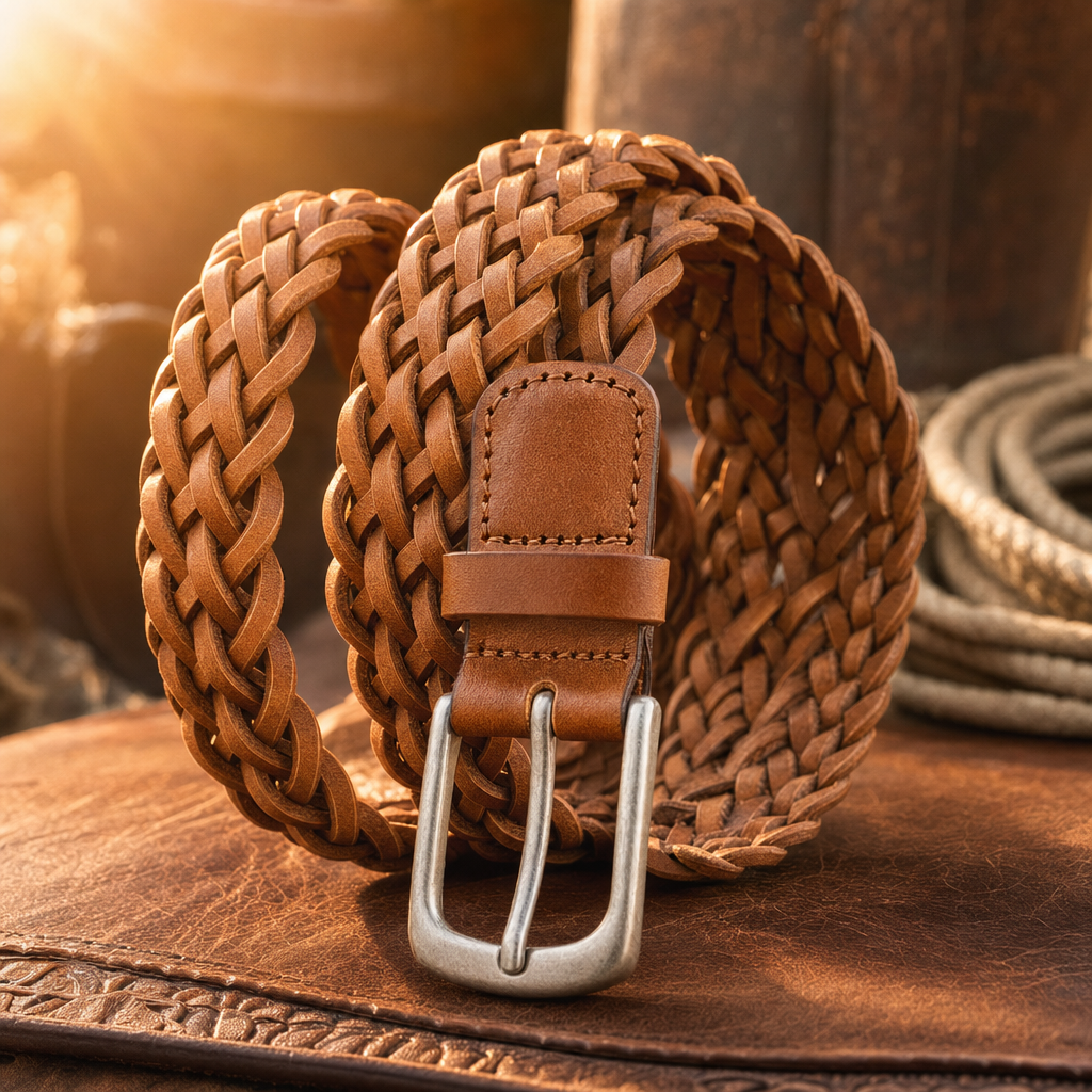 Guthrie Woven Full-Grain Leather Belt in Caramel