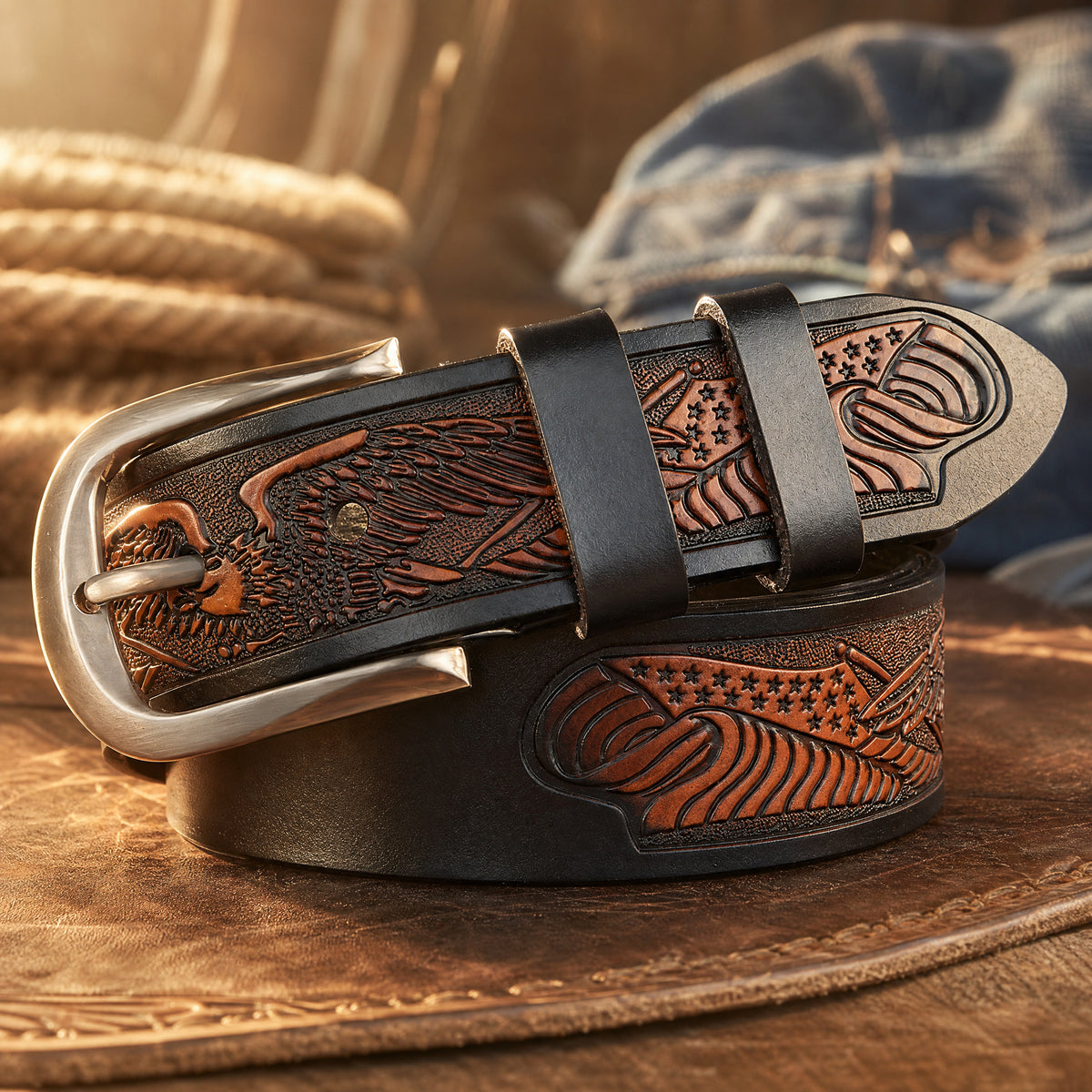 Aransas Tooled Full-Grain Leather Belt in Black