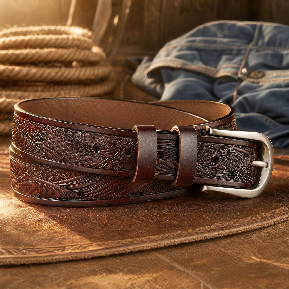 Aransas Tooled Full-Grain Leather Belt in Brown