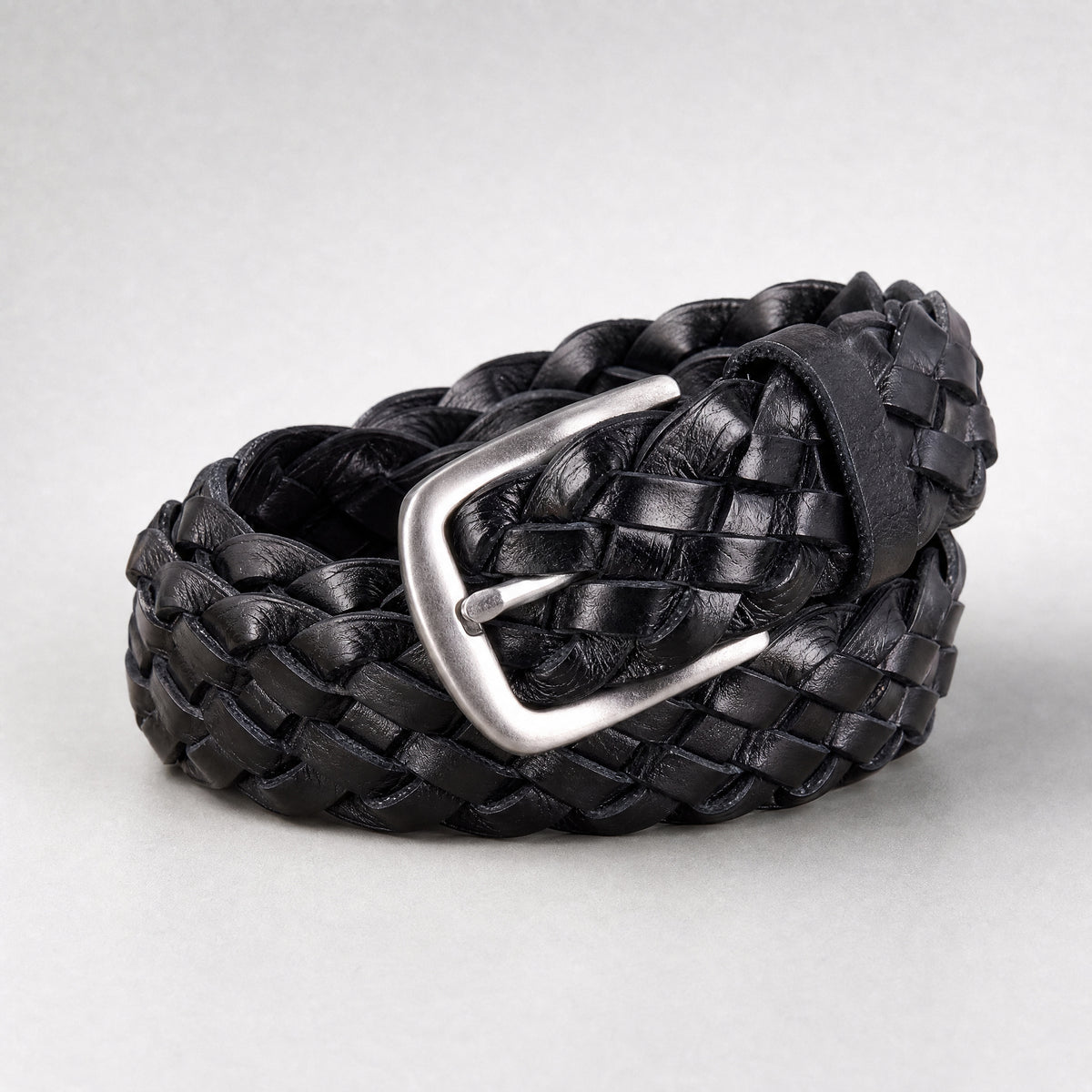 Buda Woven Full-Grain Leather Belt in Black Silver