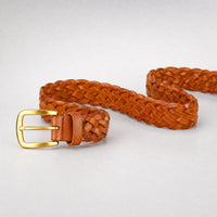 Buda Woven Full-Grain Leather Belt in Brown Gold