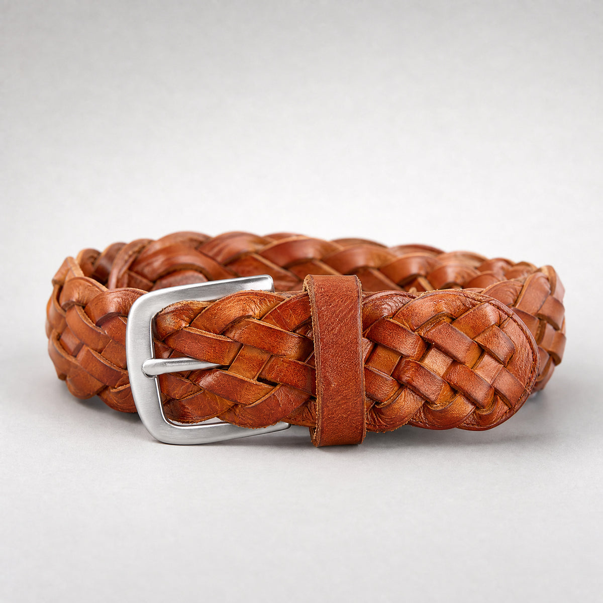 Buda Woven Full-Grain Leather Belt in Brown Silver