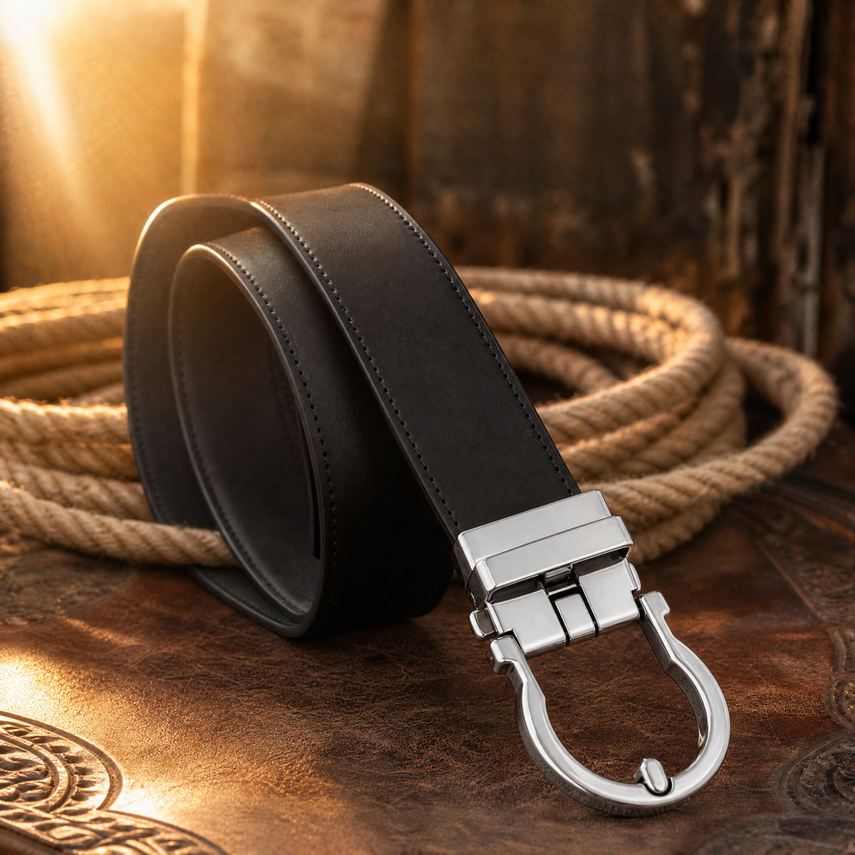 Cameron Full-Grain Leather Belt in Black Silver