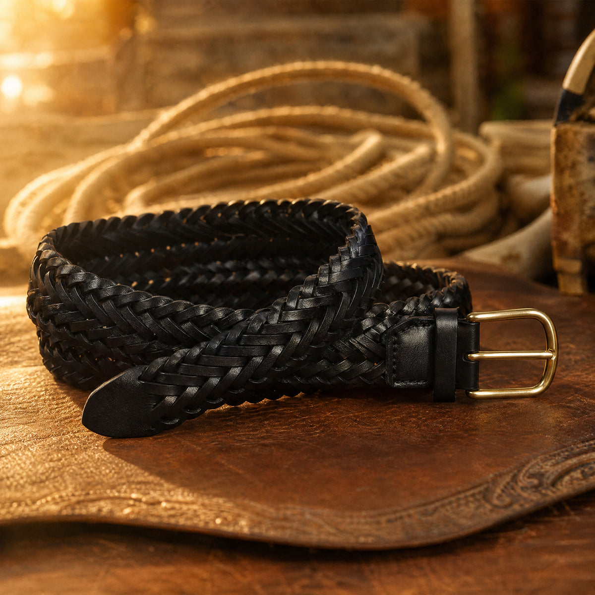 Cotulla Woven Full-Grain Leather Belt in Black