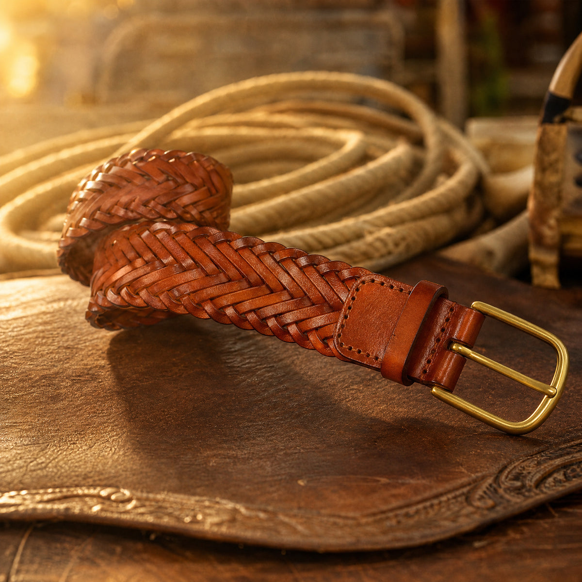 Cotulla Woven Full-Grain Leather Belt in Chestnut