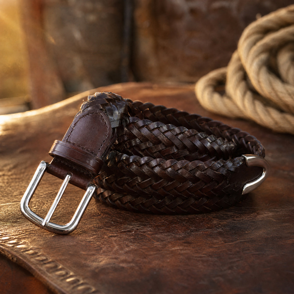 Duval Braided Full-Grain Leather Belt in Brown
