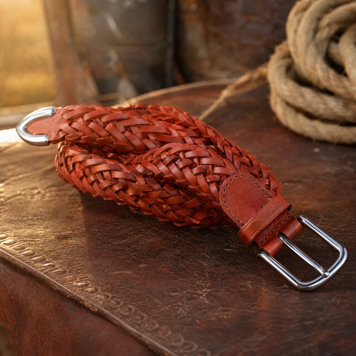 Duval Braided Full-Grain Leather Belt in Chestnut