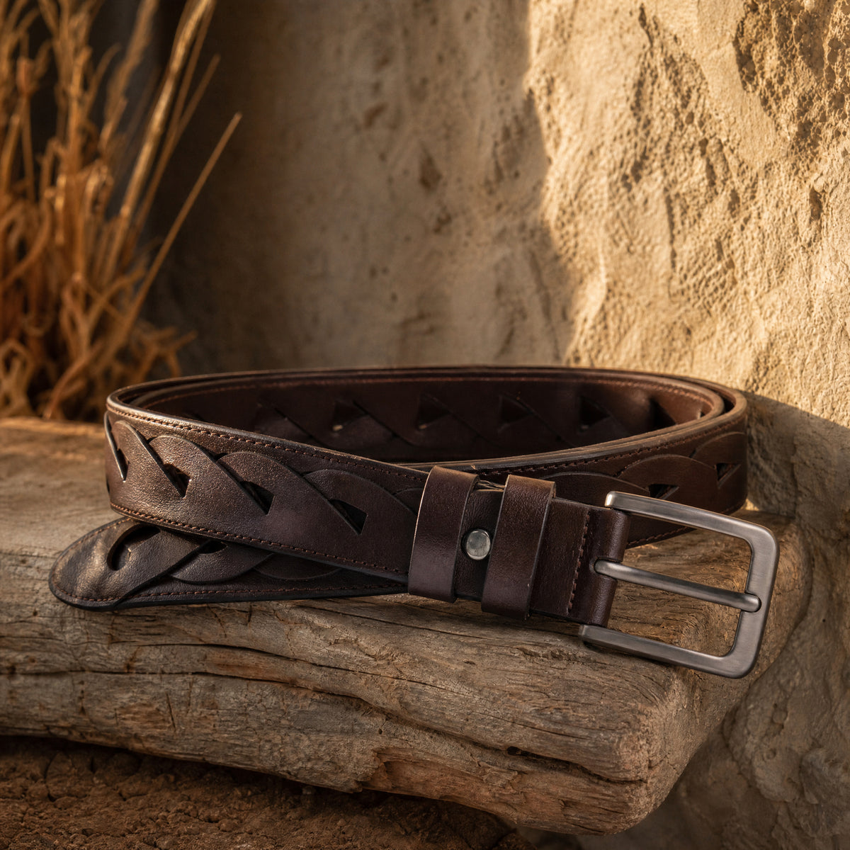 Erath Woven Full-Grain Leather Belt in Brown Gunmetal