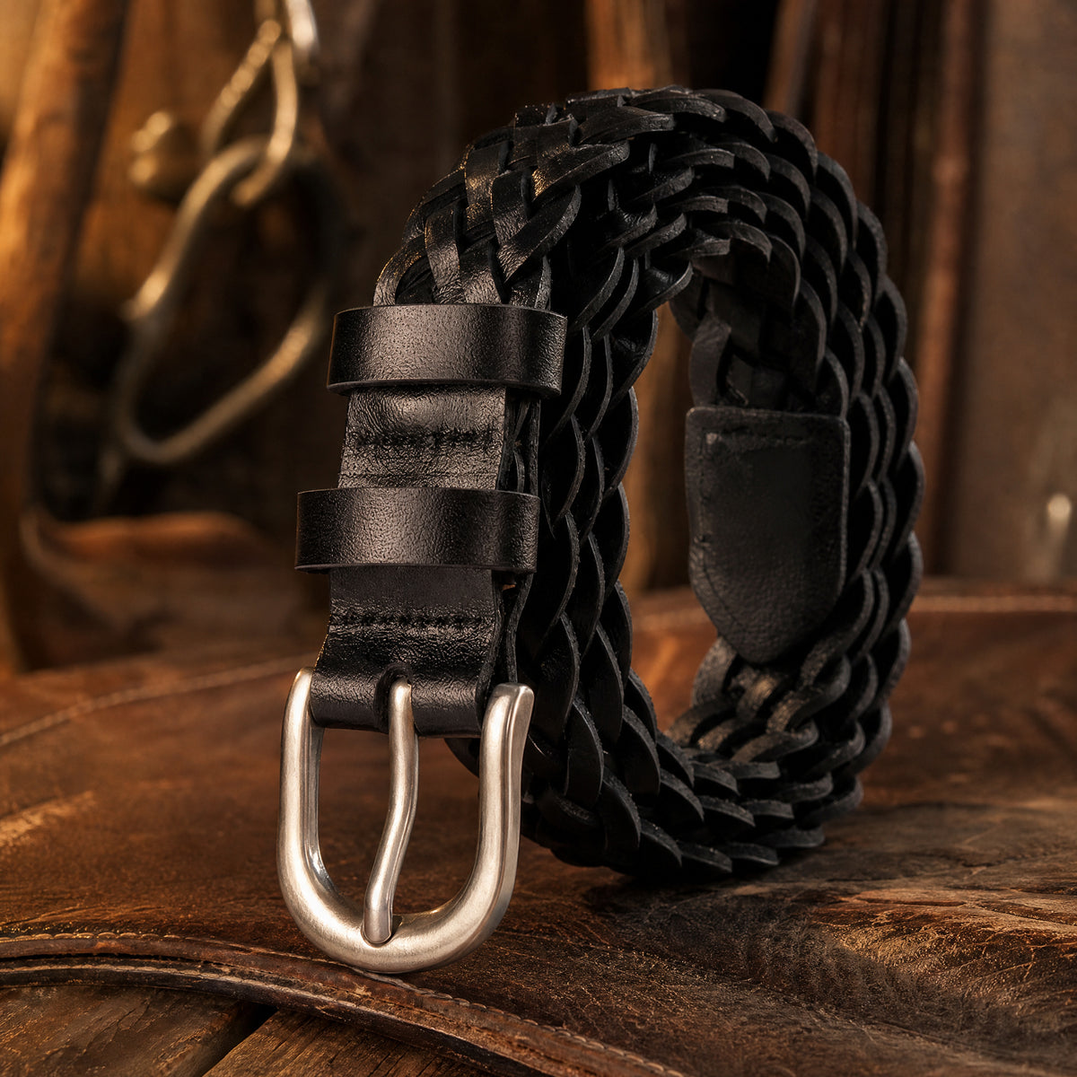 Fisher Woven Full-Grain Leather Belt in Black