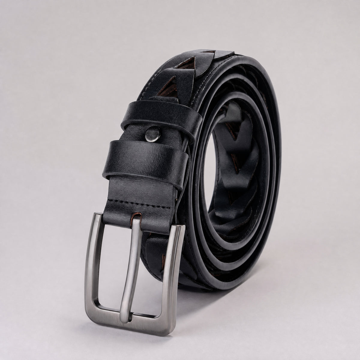 Gillespie Woven Full-Grain Leather Belt in Black Gunmetal