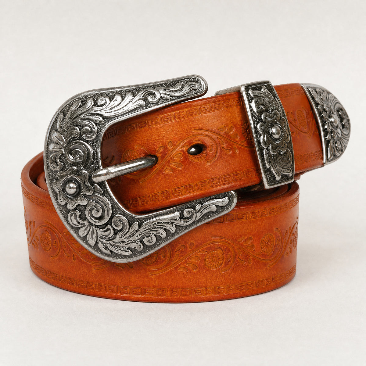 Hamlin Tooled Full-Grain Leather Belt in Tan