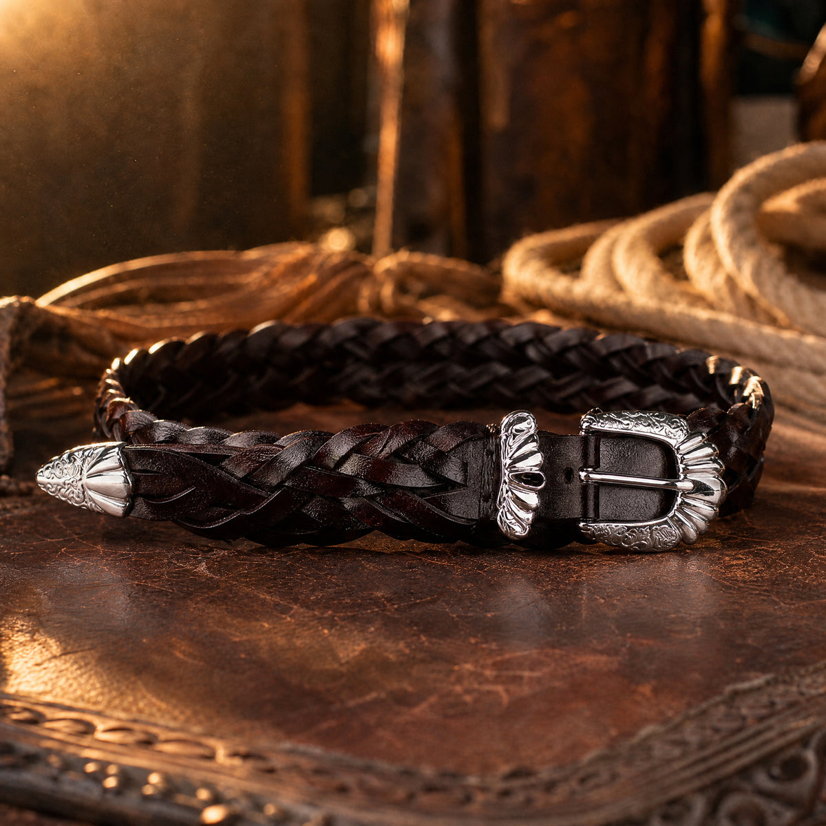 Henrietta Braided Full-Grain Leather Belt in Dark Brown