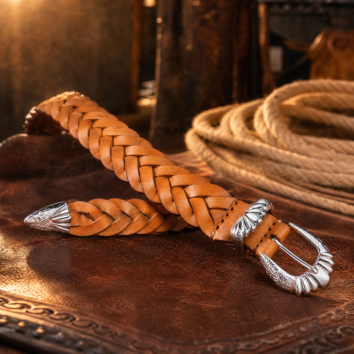 Henrietta Braided Full-Grain Leather Belt in Tan