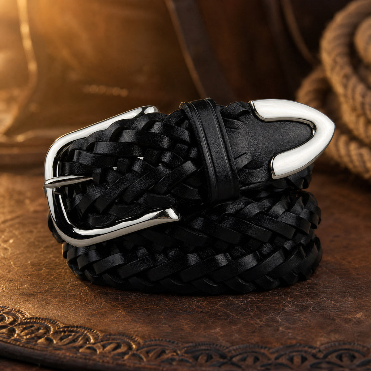 Kendall Woven Full-Grain Leather Belt in Black