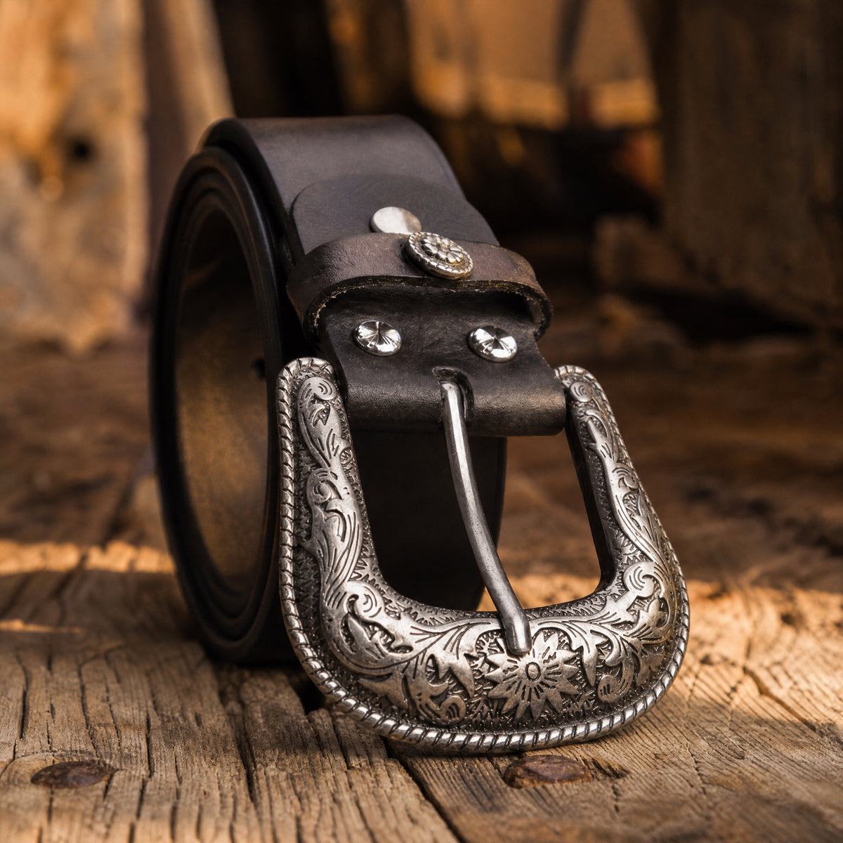 Kyle Tooled Full-Grain Leather Belt in Black