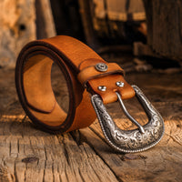 Kyle Tooled Full-Grain Leather Belt in Tan