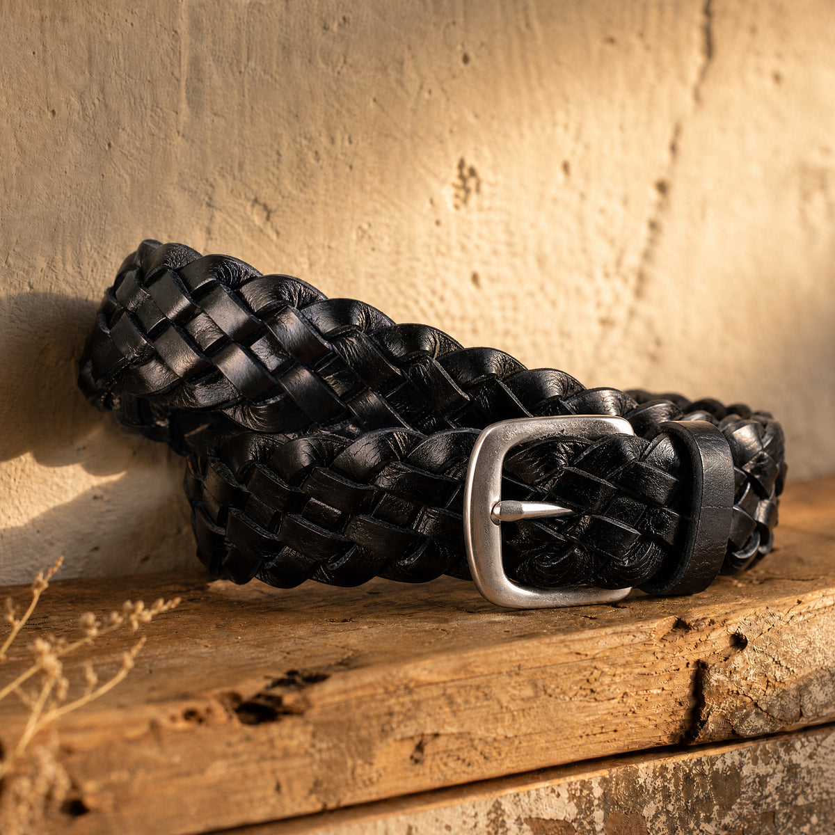 Manchaca Woven Full-Grain Leather Belt in Black Silver