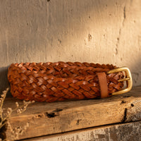 Manchaca Woven Full-Grain Leather Belt in Brown Gold