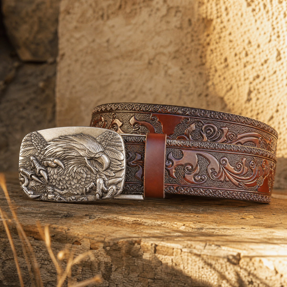 Matagorda Western Full-Grain Leather Belt in Tan Silver