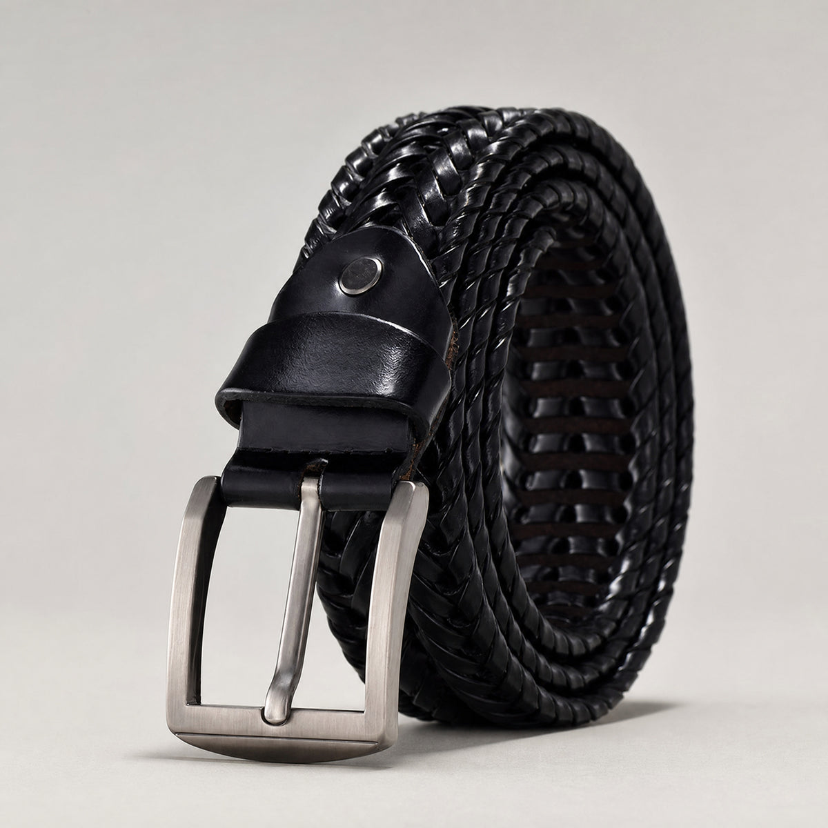 Mitchell Woven Full-Grain Leather Belt in Black