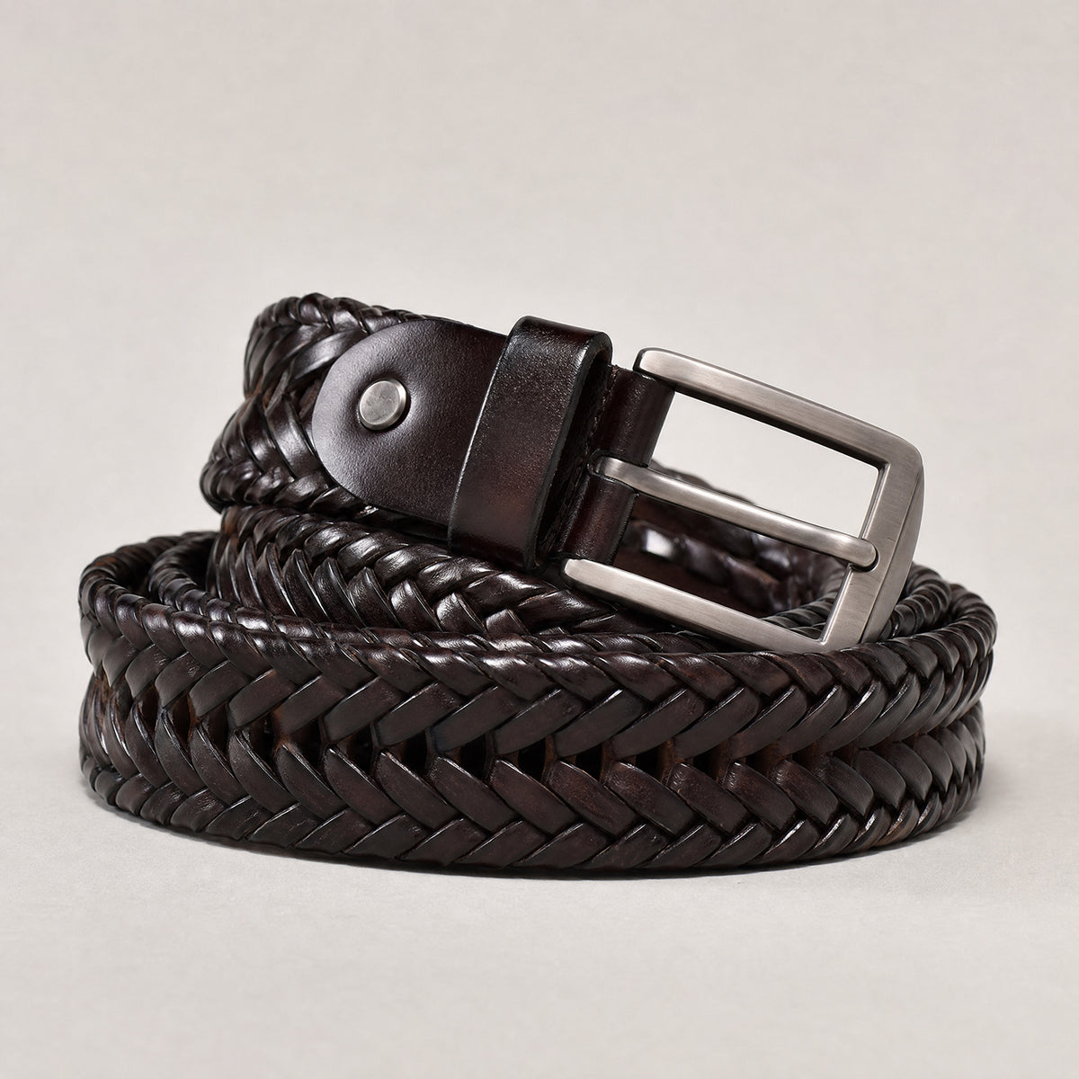 Mitchell Woven Full-Grain Leather Belt in Dark Brown