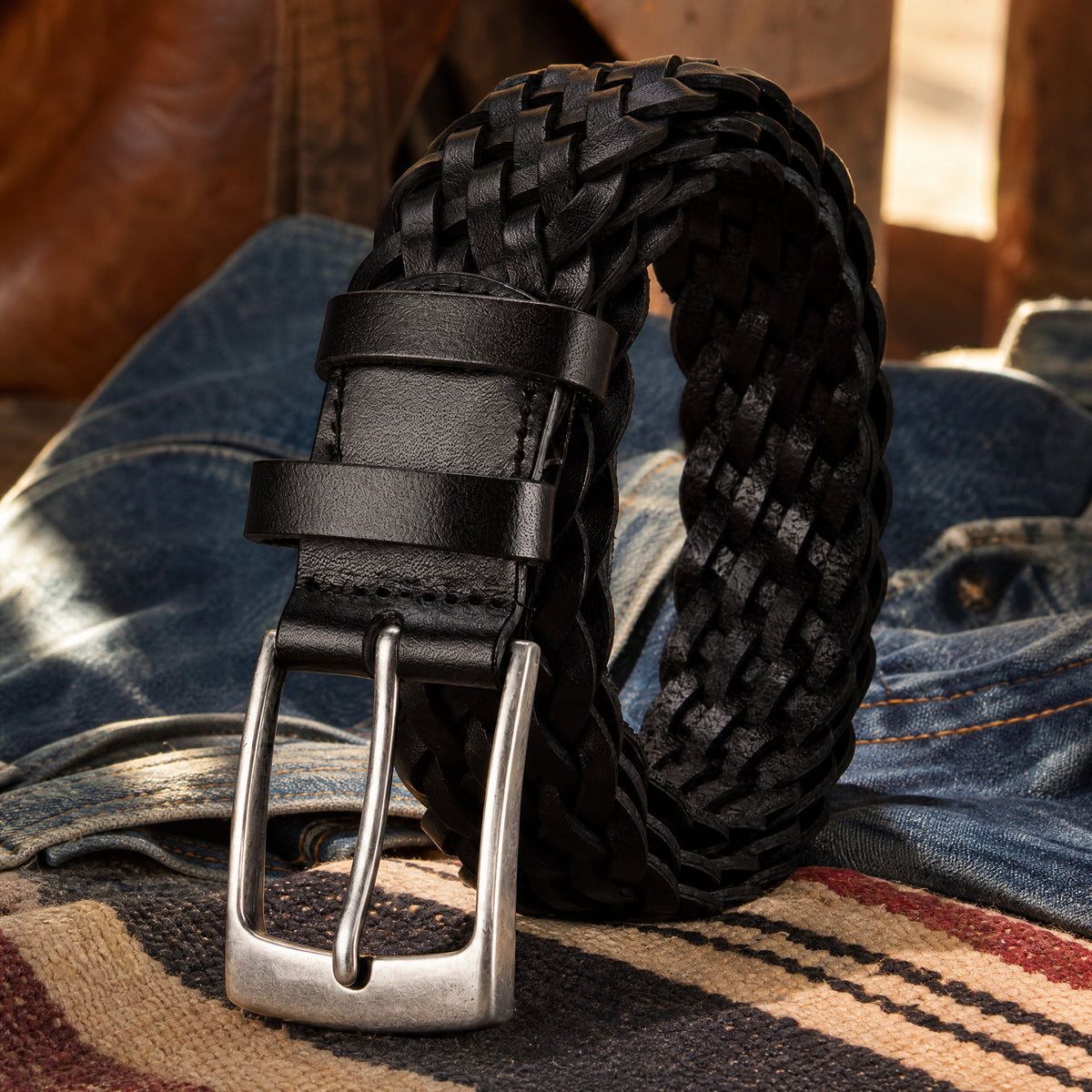 Nolan Woven Full-Grain Leather Belt in Black