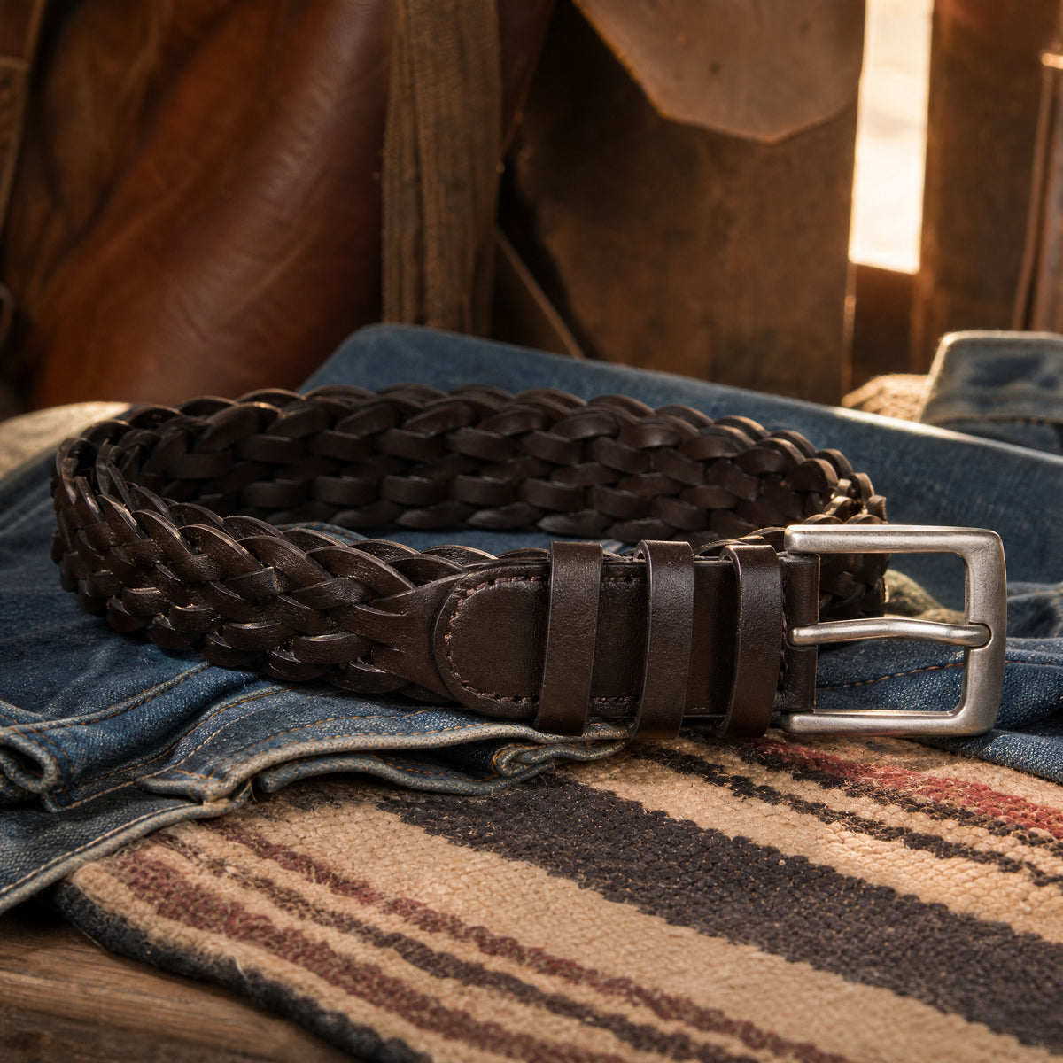 Nolan Woven Full-Grain Leather Belt in Dark Brown