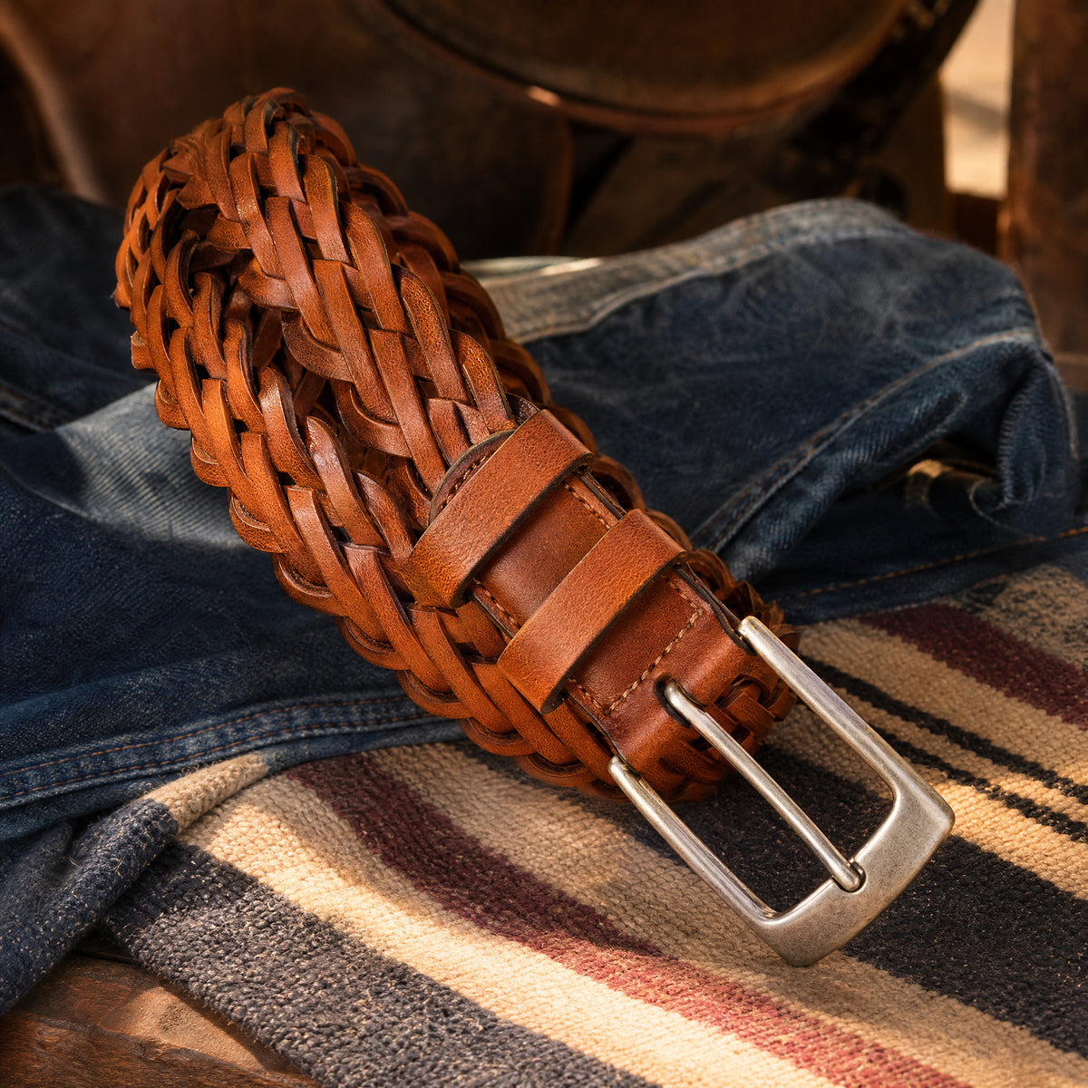 Nolan Woven Full-Grain Leather Belt in Tan