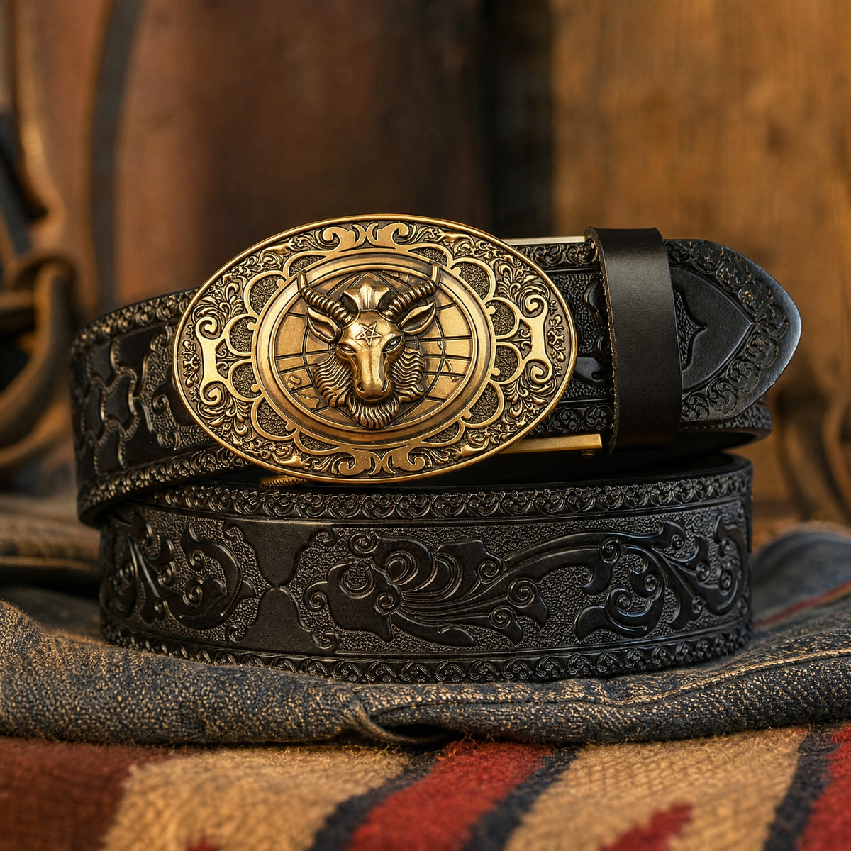 Paluxy Western Full-Grain Leather Belt in Black Gold