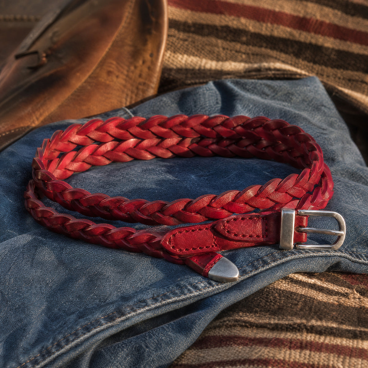 Refugio Woven Full-Grain Leather Belt in Red