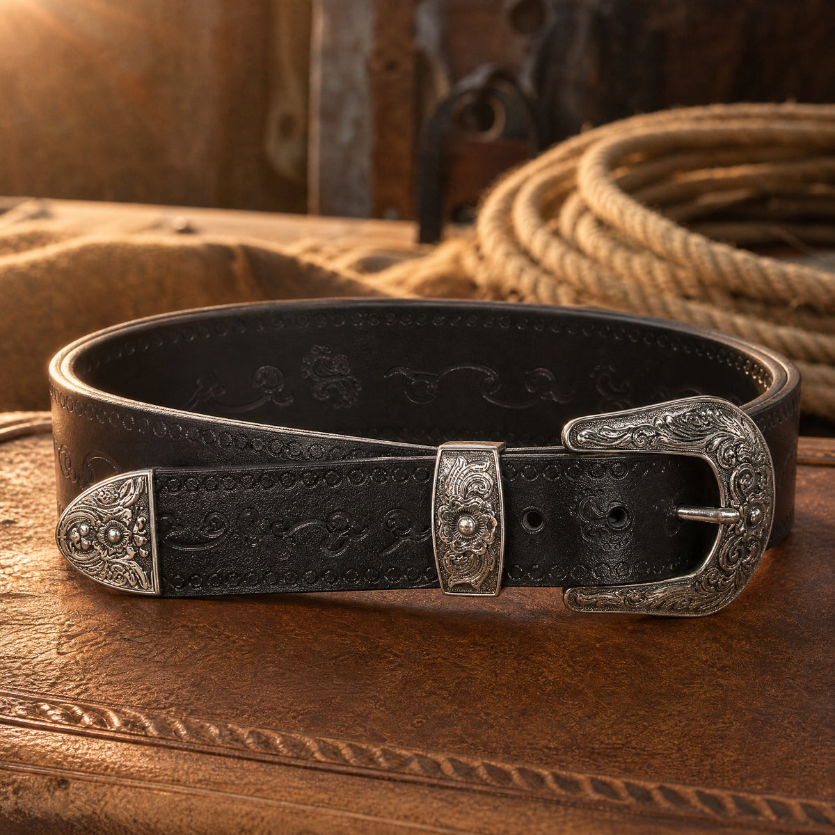 Rotan Tooled Full-Grain Leather Belt in Black