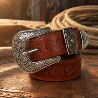Rotan Tooled Full-Grain Leather Belt in Brown