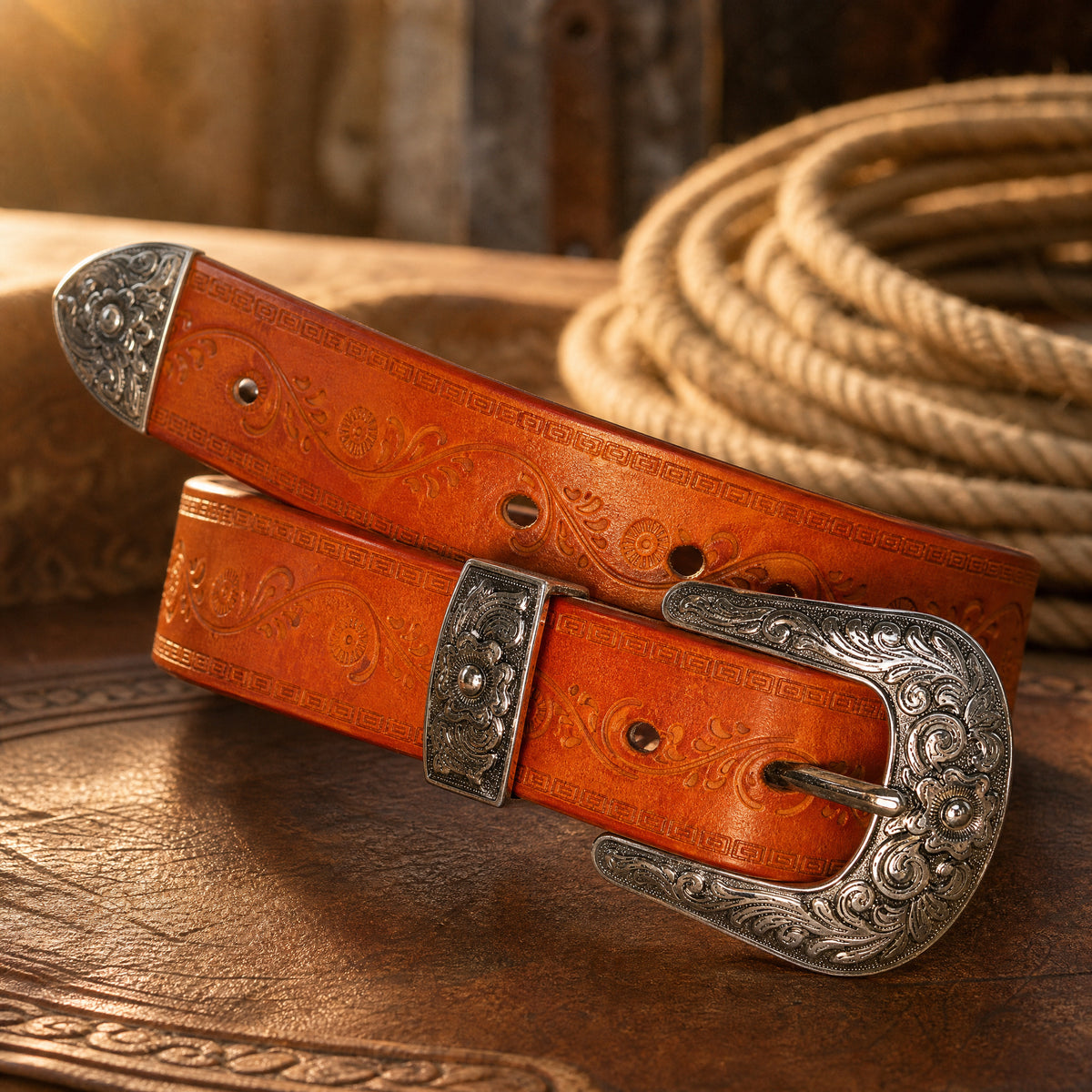 Rotan Tooled Full-Grain Leather Belt in Tan