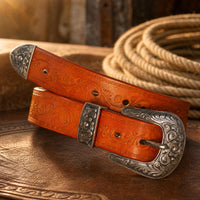 Rotan Tooled Full-Grain Leather Belt in Tan