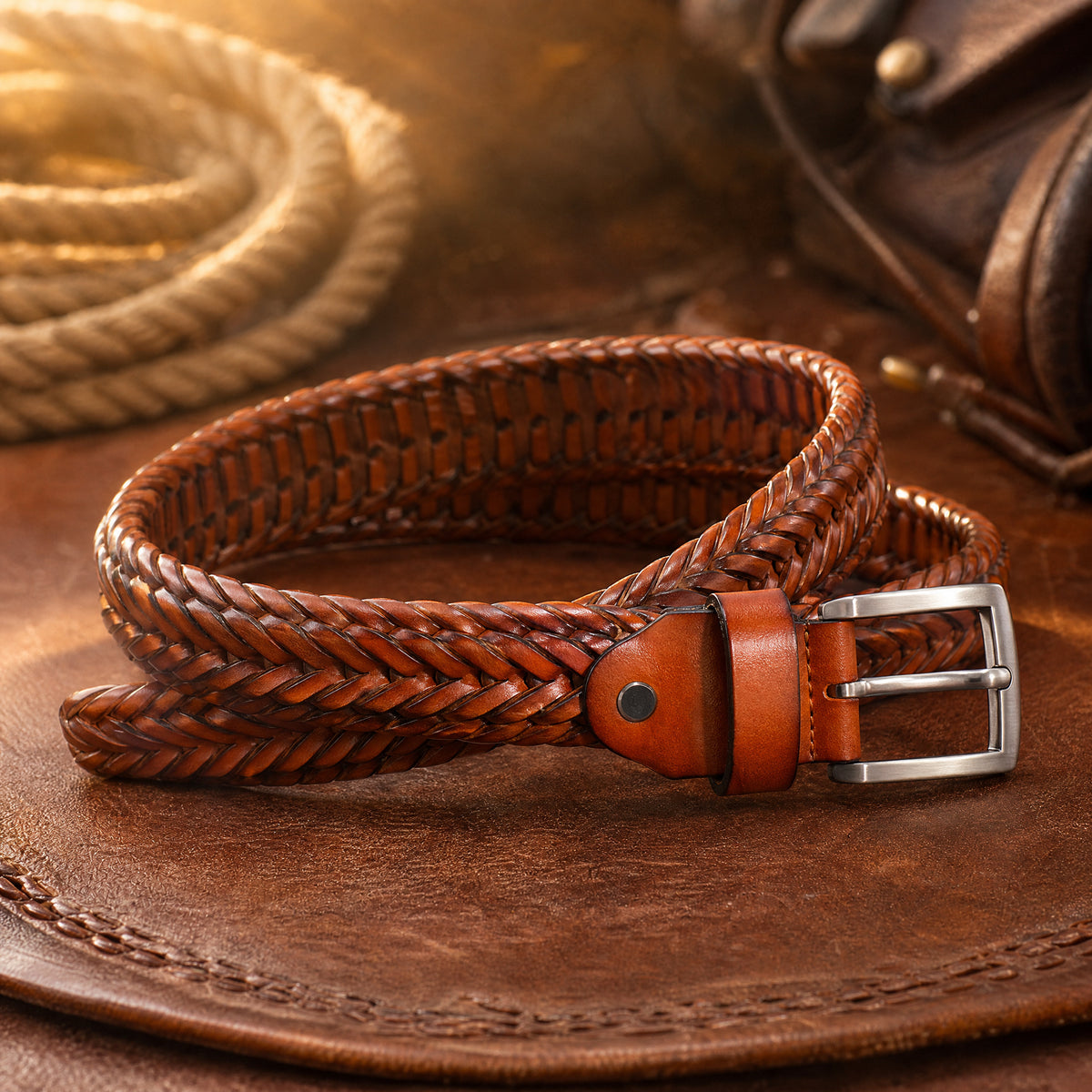 Runnels Woven Full-Grain Leather Belt in Tan
