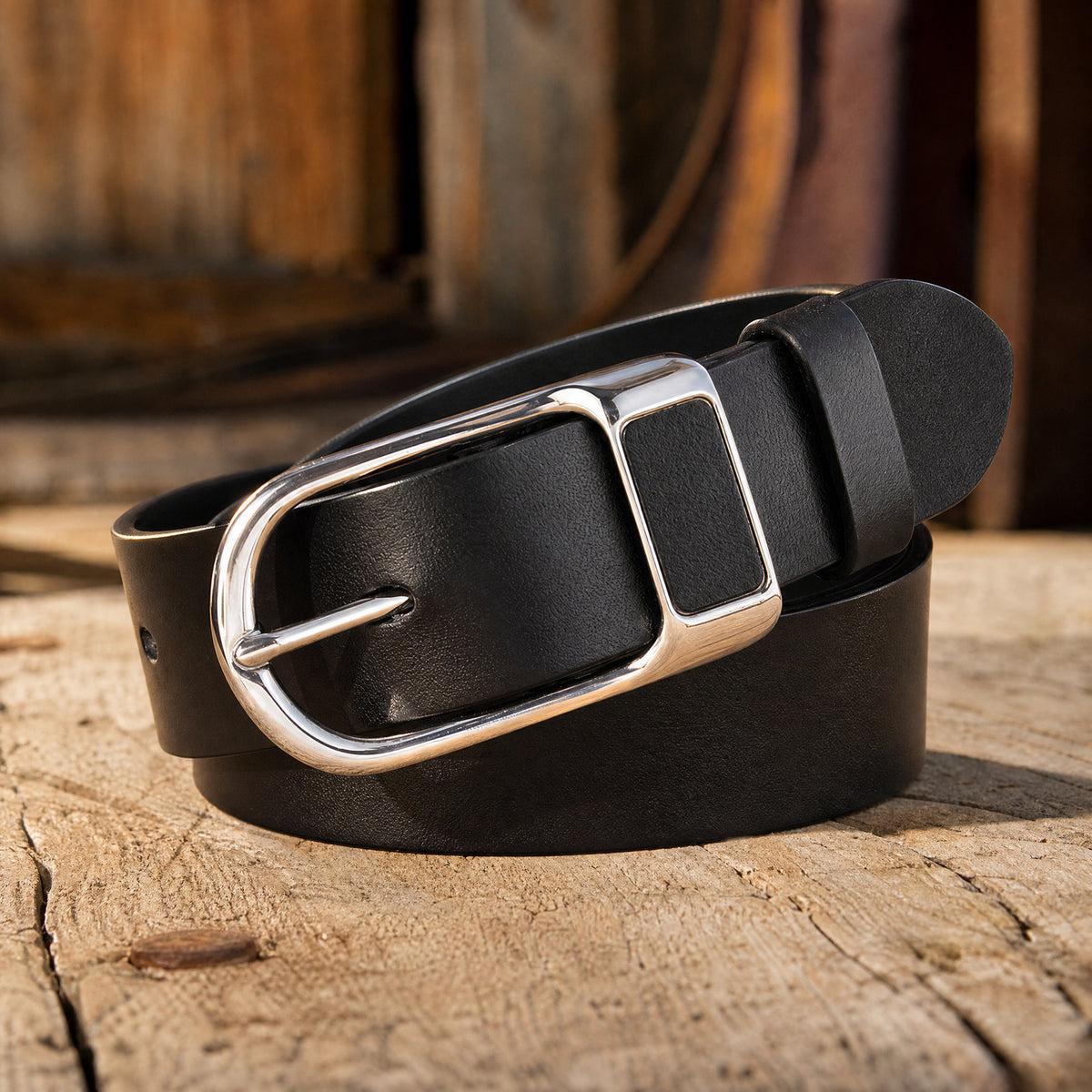 Troy Full-Grain Leather Belt in Black Silver
