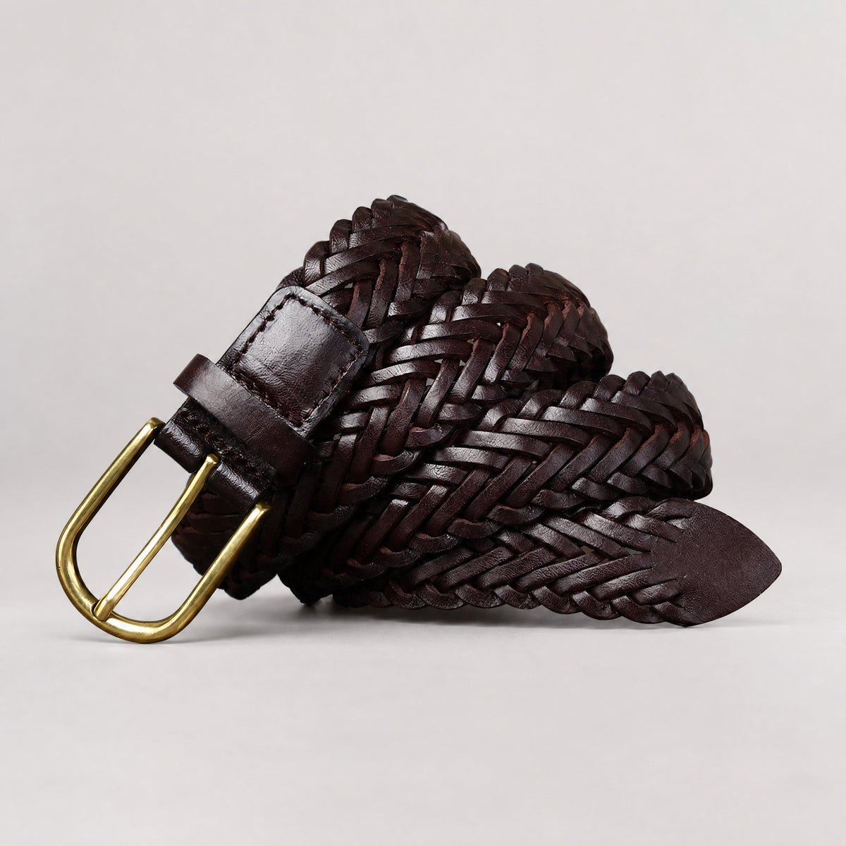 Valentine Woven Full-Grain Leather Belt in Dark Brown
